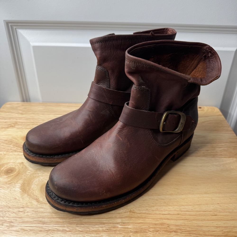 Frye Dark Brown Leather Buckle Booties